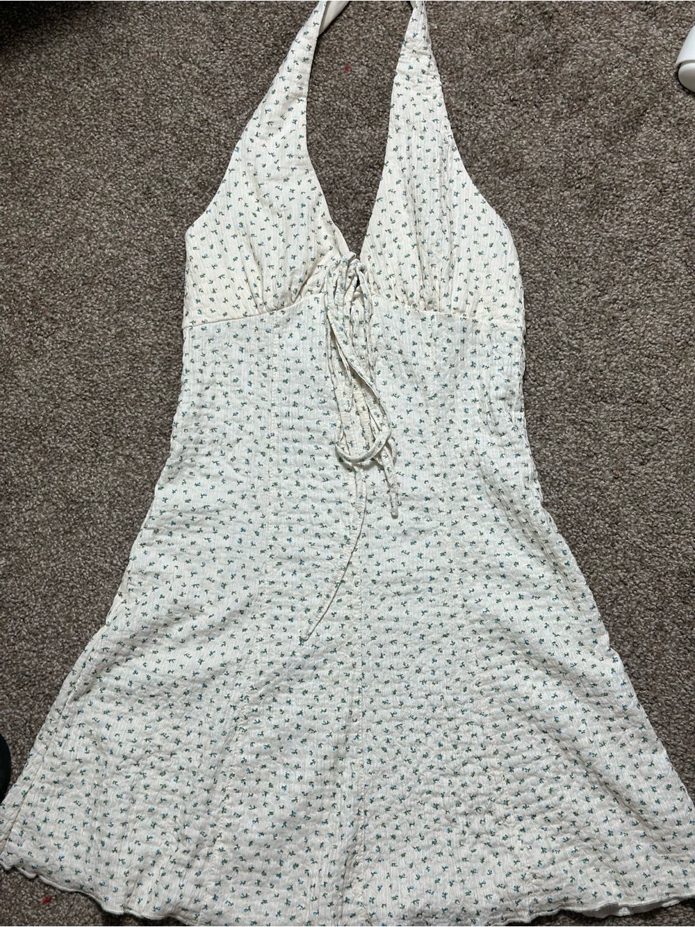 SHEIN Cream Halter Backless Mini Dress with Green Floral Print